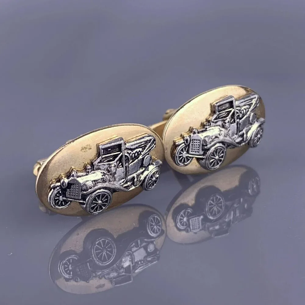 Antique Car Buggy Cufflinks Gold Silver Tone Convertible Oval Anson Vintage